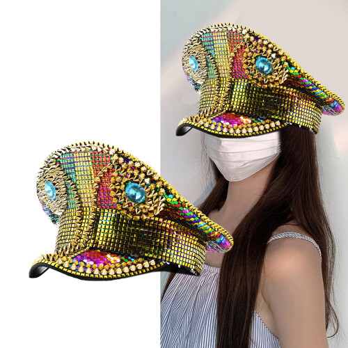 Rainbow Studded Captain Hat Jewel Rivet Navies Hat Adjustable 1
