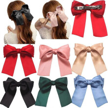6 Pcs Large Hair Bows for Women Girls 5.5 Inch Silky Satin Ribbon Bows Craft Bows Big Hair Bow Clips for Lolita Party Girl with French Barrettes