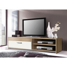 Móvel de TV PILVI - Estilo contemporâneo - Partículas de melamina - Decoração em carvalho e branco - 1 aba + 2 nichos - C 120 x P 42 x A 32 cm