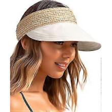Straw Sun Visors for Women Linen Visor Hat Womens Summer Beach Visors Foldable Roll Up Ponytail Sun Hat