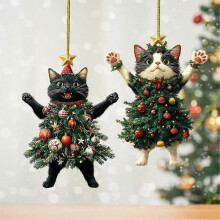 Pack of 2 Cat Decorations, Black Cat Christmas Pendant, Tree Hanging Ornament