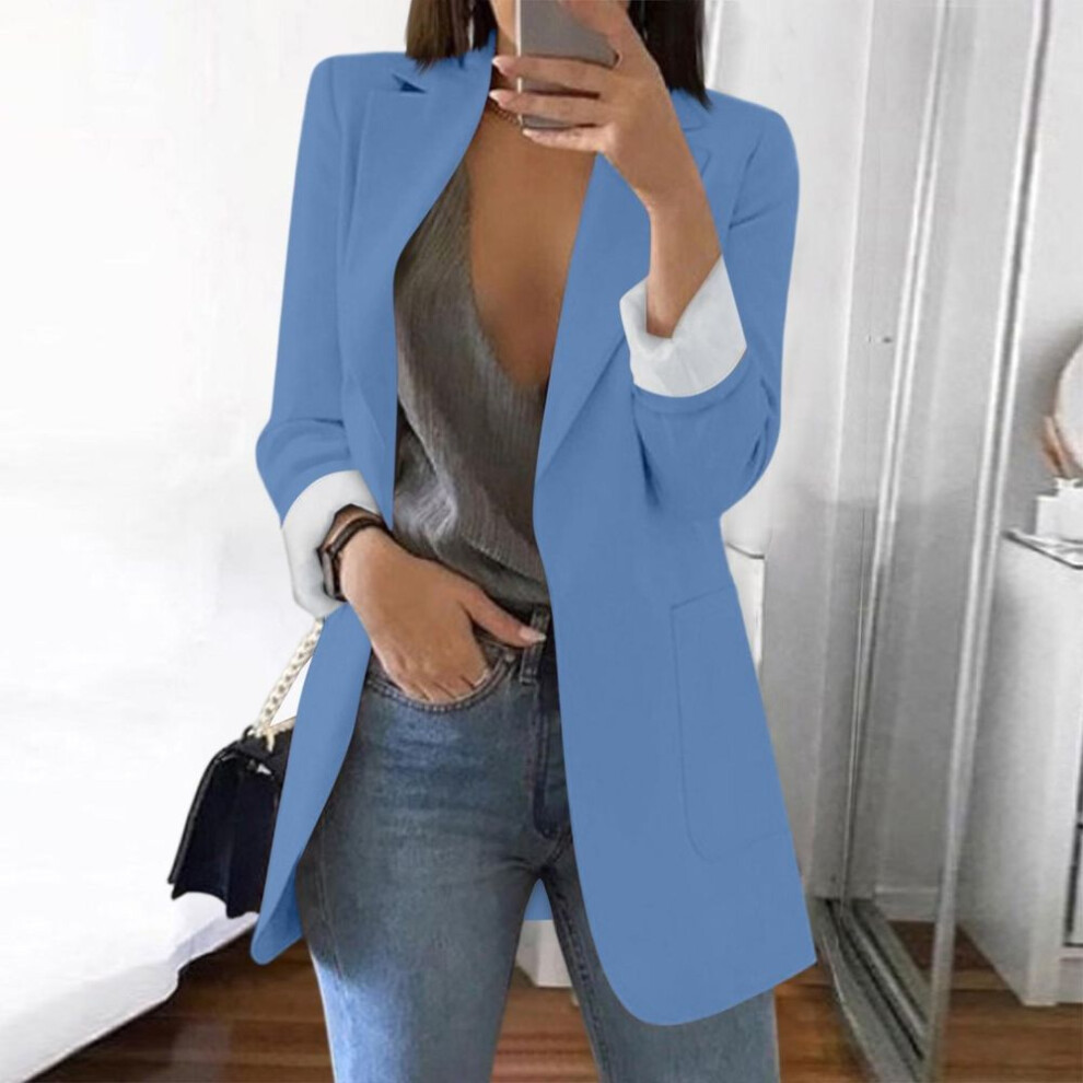 (blue, XXL) Women Solid Open Front Pockets Cardigan Formal Suit Long Sleeve Blouse Coat-image-OPC-PKFCJKJ-NEW