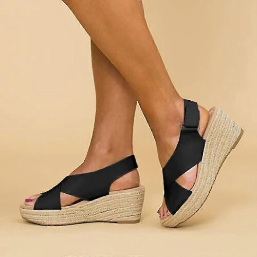 (39, Black) Lady Mid Wedge Sandals Summer Platform Ankle Strap Shoes 2