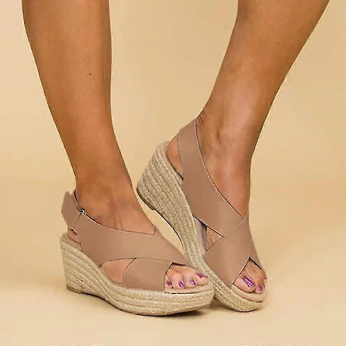 (39, Brown) Lady Mid Wedge Sandals Summer Platform Ankle Strap Shoes 1