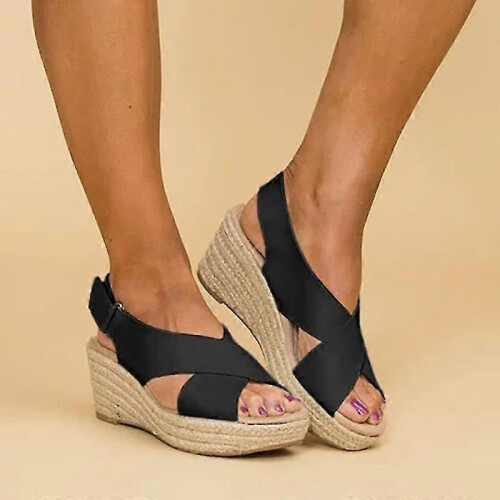 (39, Black) Lady Mid Wedge Sandals Summer Platform Ankle Strap Shoes 1