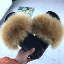 (Tag 42-43, Khaki) Womens Flat Faux Fur Fluffy Sandals Slip On Slippers Stylish Shoes