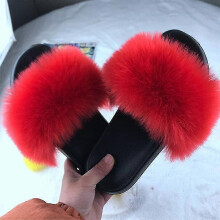 (Tag 36-37, Red) Womens Flat Faux Fur Fluffy Sandals Slip On Slippers Stylish Shoes