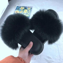 (Tag 42-43, Black) Womens Flat Faux Fur Fluffy Sandals Slip On Slippers Stylish Shoes