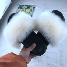 (Tag 40-41, Beige) Womens Flat Faux Fur Fluffy Sandals Slip On Slippers Stylish Shoes