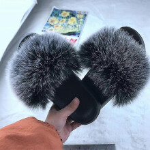 (Tag 40-41, Black White) Womens Flat Faux Fur Fluffy Sandals Slip On Slippers Stylish Shoes