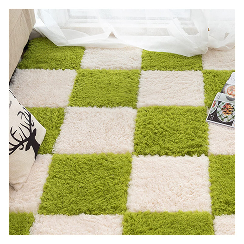 16Pcs Interlocking Foam Carpet Play Mat, Soft Shaggy Plush Puzzle Tiles, 12X12 Inch Crawling Mats In Blue/Beige/Green