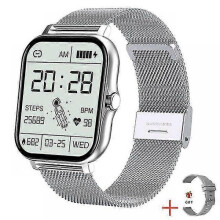 (Silver steel silicone) Smart Watch: Step Heart Rate Monitor, Bluetooth Call, Touch Screen