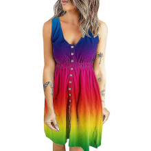 (S, Rainbow Color) Ladies Dress Gradient Tank Dress Summer Casual Sleeveless Sundress