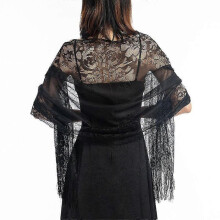 (Black) Women Lace Tassels Scarf Shawl Soft Fringe Wrap For Wedding Evening Party Cocktail Dress