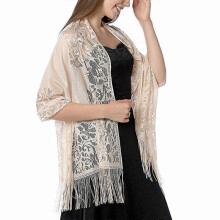 (Beige) Women Lace Tassels Scarf Shawl Soft Fringe Wrap For Wedding Evening Party Cocktail Dress