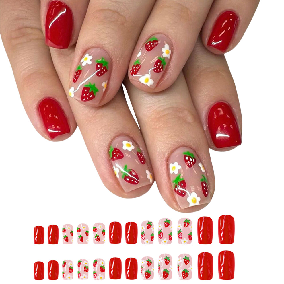24 Pcs Strawberry False Nails Flower Press On Nails Detachable
