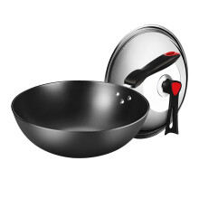 Cast Iron Wok 30 cm with Non-Stick Coating, Traditional Chinese Iron Pan with Handle and Lid, Mixing and Cooking Essential