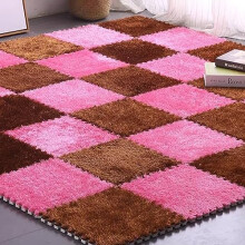Interlocking Carpet 9 Piece Foam Rug Set, Easy to Clean Plush Patchwork Floor Mat, Dark Coffee and Rose Red Colors