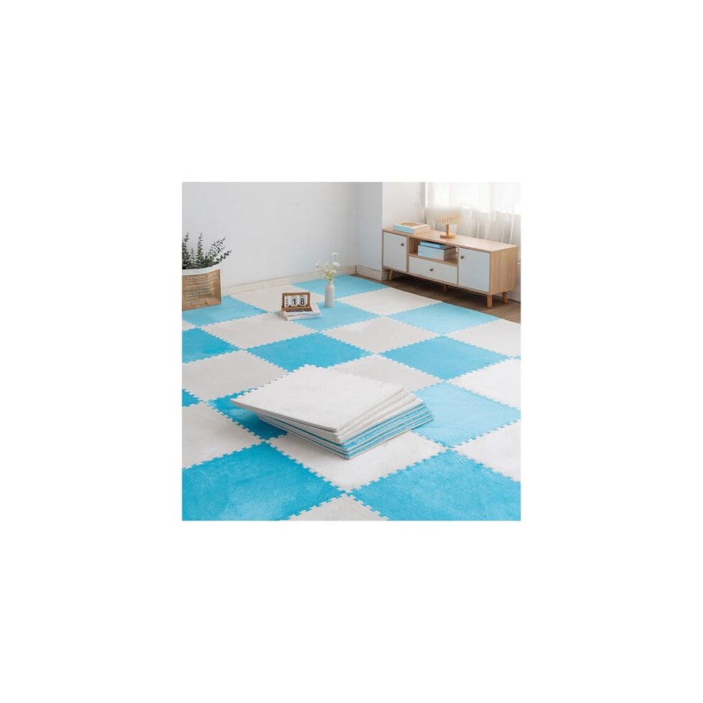 Plush Floor Mat 32Pcs Foam Interlocking Carpet Tiles 30X30cm Cuttable Puzzle Mats Fluffy For Home Playroom Blue/White