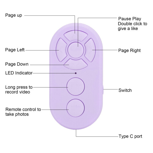 Type C Rechargeable Selfie Button Bluetooth Remote Control 10m Purple 2