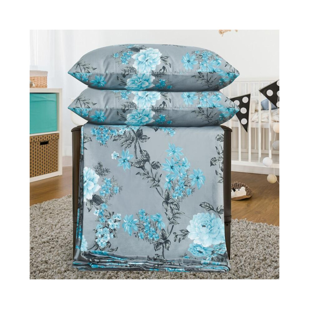 (Blossom Teal, DOUBLE) Luxury 4PCS Complete Printed Bedding Set, 1x Duvet Cover 1x Matching Deep Fitted Sheet and 2x Pillowcase Reversible Microfibre-image-OPC-PKFD9G8-NEW