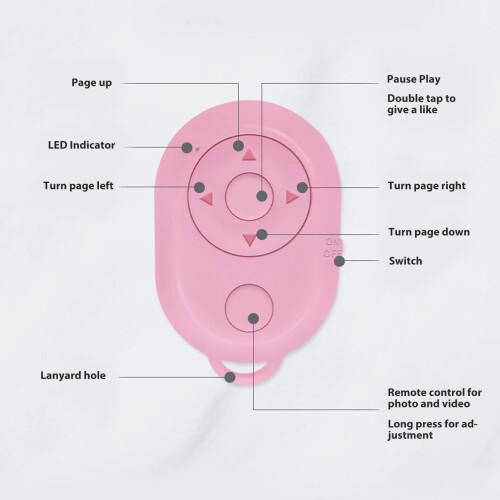 Pink Bluetooth Remote Control Selfie Clicker, 10m, USB-C Charge 2