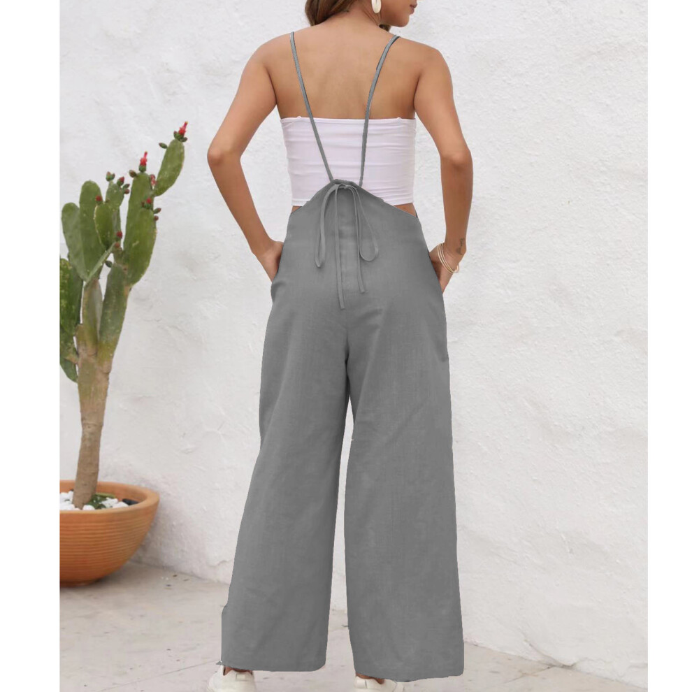 Women Gray Sleeveless Spaghetti Strap Jumpsuit with Pockets, Size S-L-image-OPC-PKFDJQS-NEW
