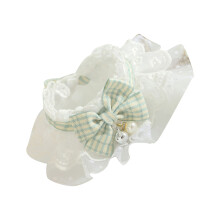 Green Mohair Lace Cat Collar with Bow & Bells for Small Cats M