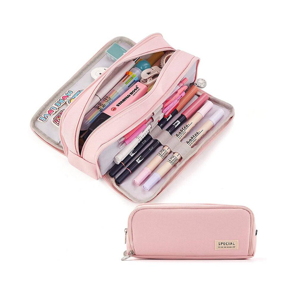 (Pink) Korean Trendy Style Large Capacity Pencil Case Minimalist Durable Bag Canvas-image-OPC-PKFG567-NEW