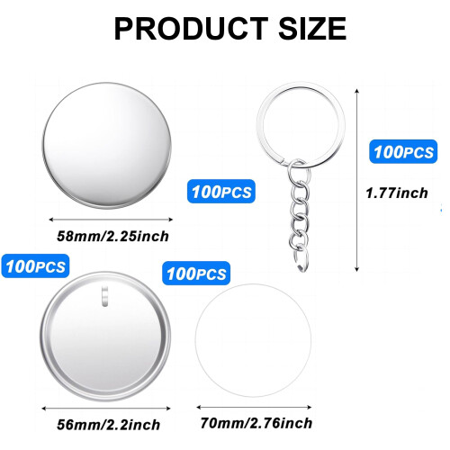 100Pieces Keychain with 58mm Button Badge, for Keyring Bag 2