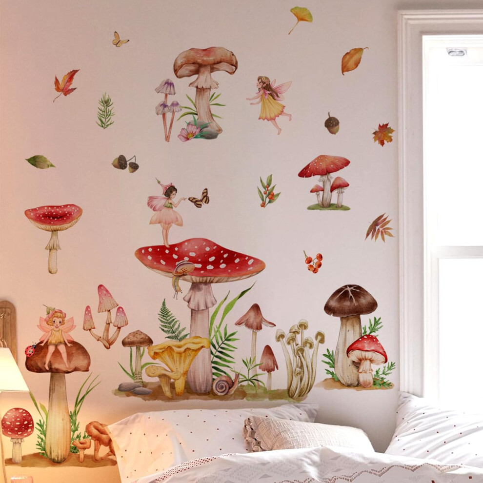 Flower Fairy Wall Decals for Nursery, Mushroom Woodland Wall Stickers, Colorful Butterflies and Insects, Kids Bedroom Décor