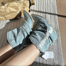 (40, ankle boots) Pleats Blue Denim Thigh High Boots For Women 2023 Autumn Thick Heeled Pointed Toe Cowboy Boots Woman Slip On Western Long Boots