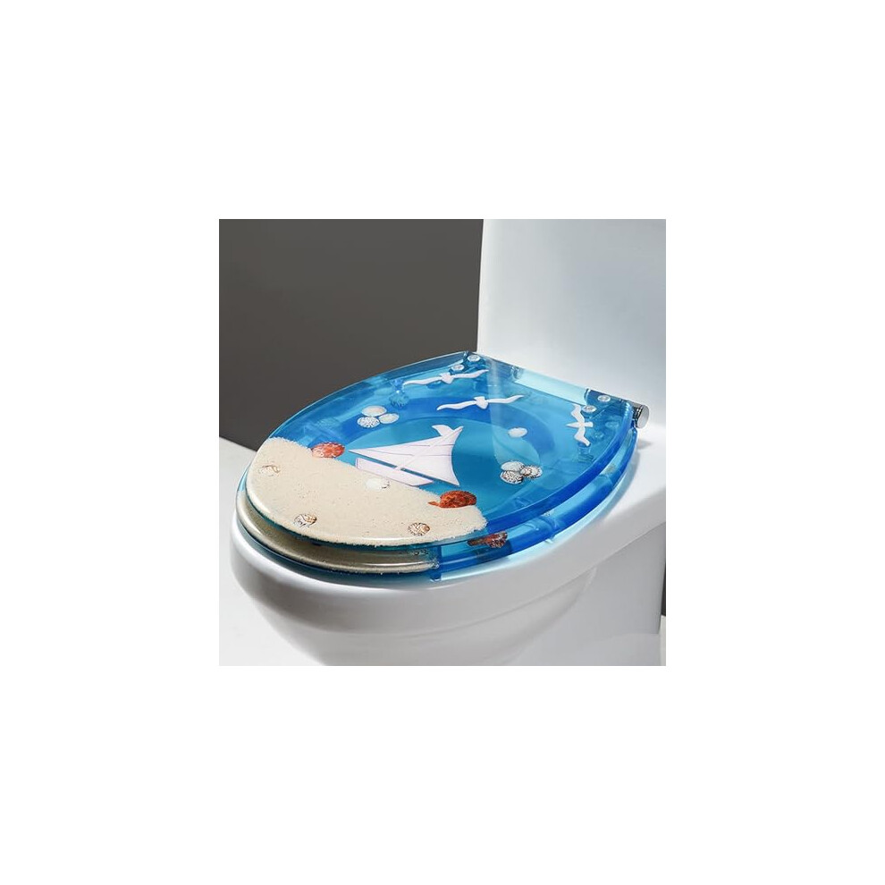 Bathroom Toilet Lid - Transparent Resin Toilet Seat With 3D Ocean Effect, Real Shells, Slow Close, Stainless Steel Hinge, Quick Release 9016109814791