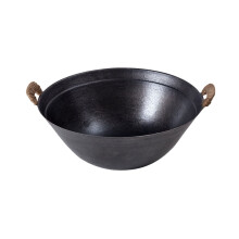 Cast Iron Pan 32cm, Double-Eared Iron Wok with Hand-Wound Hemp Rope Handle, Traditional Old-Fashioned Cookware