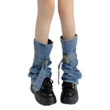 Fashion Buckled Belt Distressed Trim Denims Leg Warmers for