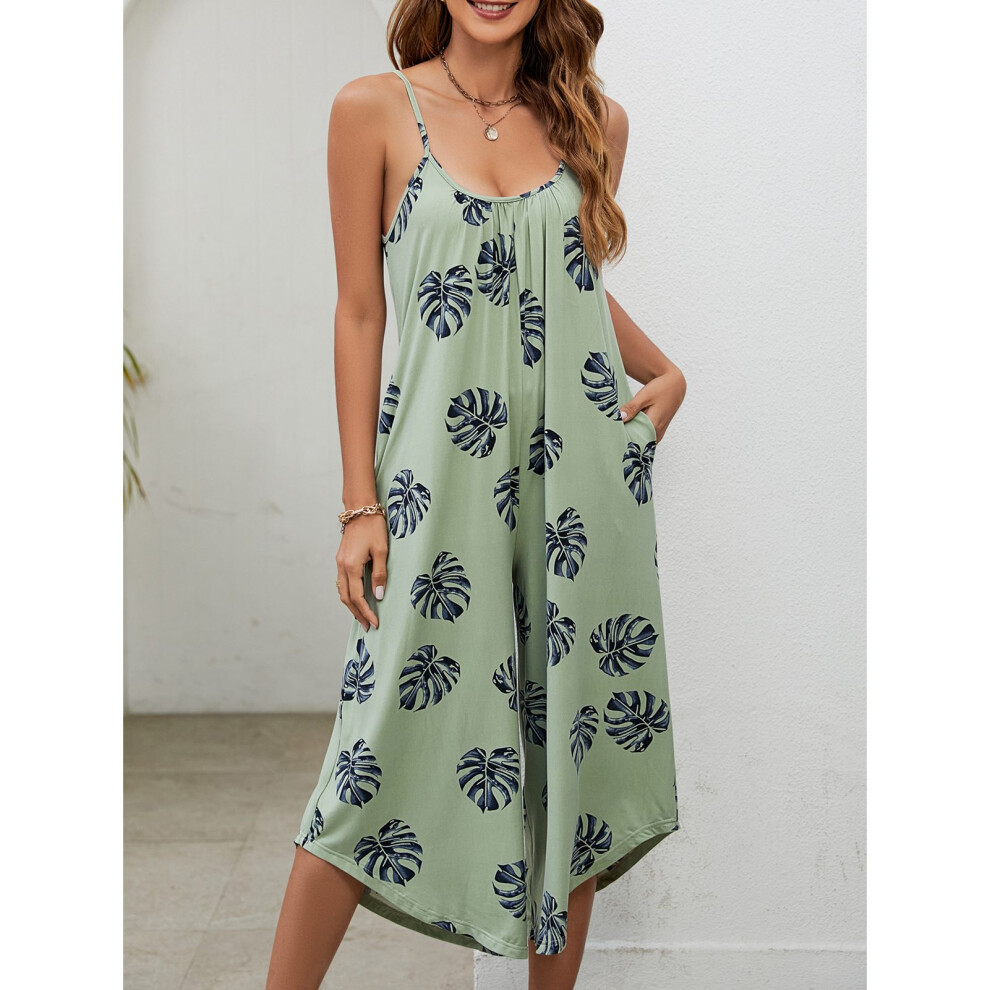 Women Green Floral Spaghetti Strap Loose Jumpsuit L Size Wide Leg-image-OPC-PKFJ6VH-NEW