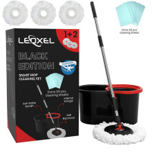 (Mop+3 Heads) Leoxol Upgrade 360 Floor Magic Spin Bucket Set with 3 extra Microfiber Heads & 30 pcs cleaning sheets  - 13 Liter Capacity, Adjustable