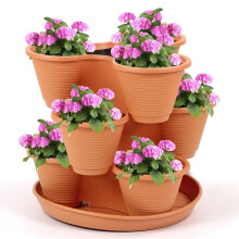 (Terracotta) 3 Tier Stackable Strawberry, Herb, Flower, and Vegetable Planter - Vertical Growing Garden Tower Indoor / Outdoor Planters Tri-Pot