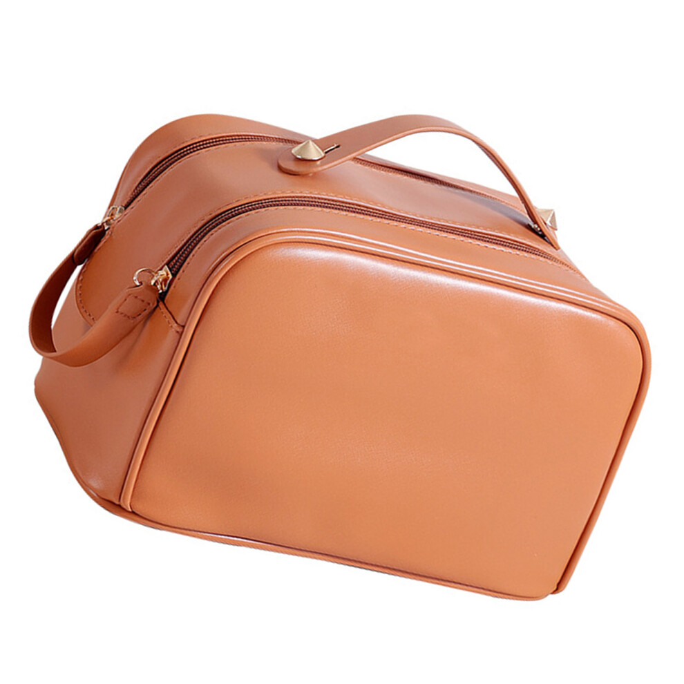 Double Zipper Waterproof Makeup Bag Crucial for Travel Large Capacity Brown