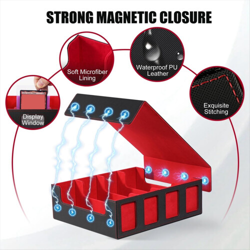 Trading Card Storage Box with Window, 4-Row Deck Case Black&Red 1