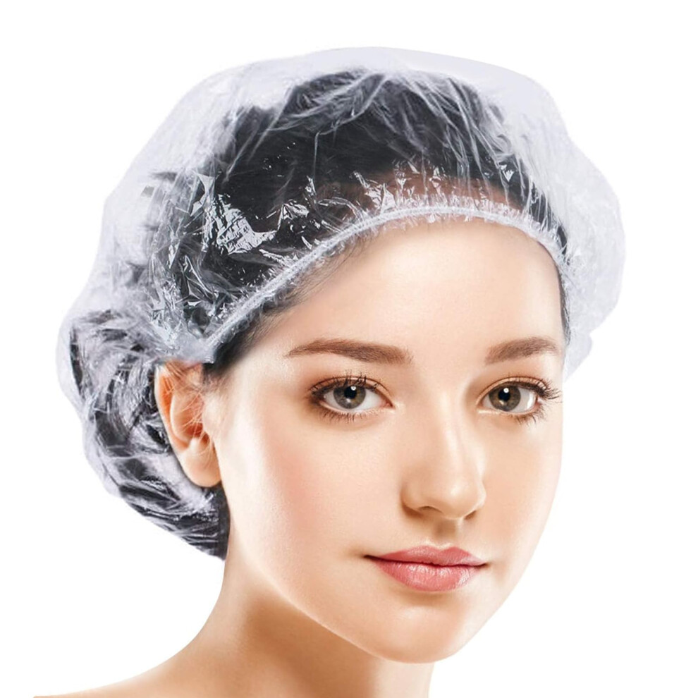 50Pcs Disposable Waterproof Shower Caps, Elastic Plastic Bath Caps for Home, Hotel, Spa, Hair Salon - 42CM