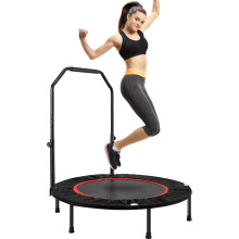 (red) Foldable Fitness Trampoline, Max 485lbs(220kg), Rebounder Exercise Trampolines with Adjustable Handrail, Indoor/Outdoor Mini Trampoline for