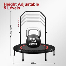 (48inch BLACK) Foldable Fitness Trampoline, Max 485lbs(220kg), Rebounder Exercise Trampolines with Adjustable Handrail, Indoor/Outdoor Mini Trampoline for