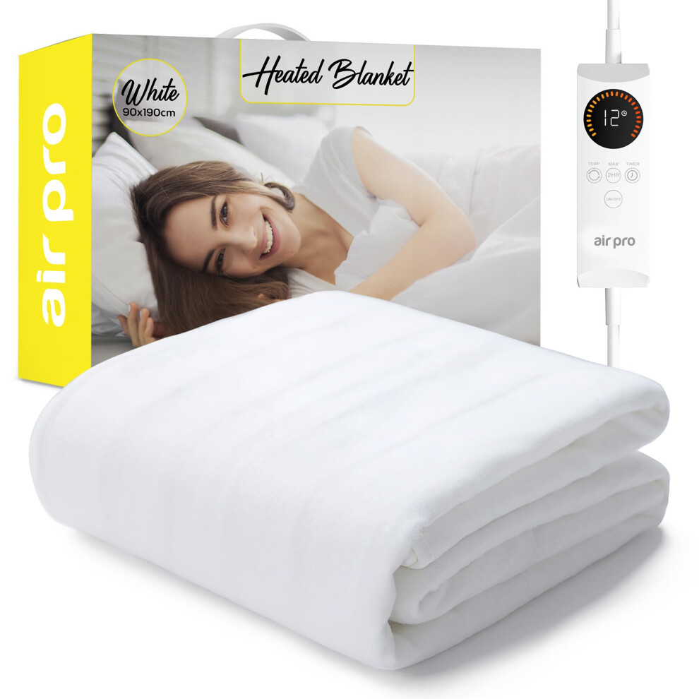 Air Pro White (, Single - 90X190cm) Electric Underblanket - Fully Fitted Mattress Cover With Elastic Straps - Detachable Controller & Machine Washable