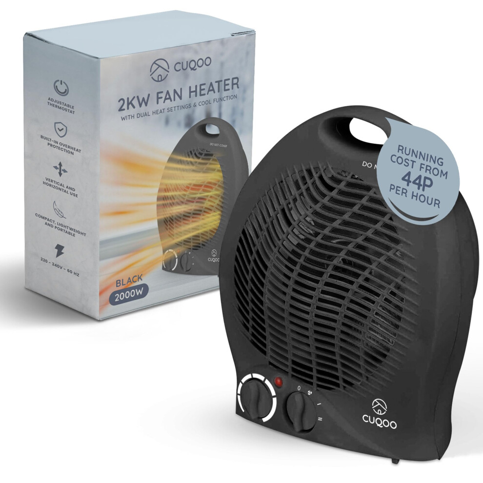 Cuqoo Black 2Kw Fan Heater And Cooler Variable Thermostat 2 Heat Settings Low Energy Usage 2In1 Portable Electric Quiet Heater And Cooler For H