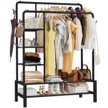 Klass Home Collection Heavy Duty Clothes Rail 120KG Black Metal Rack With Double Hanging Clothing Rail Shoe Rack Storage Shelves  4 Coat Hooks Wa