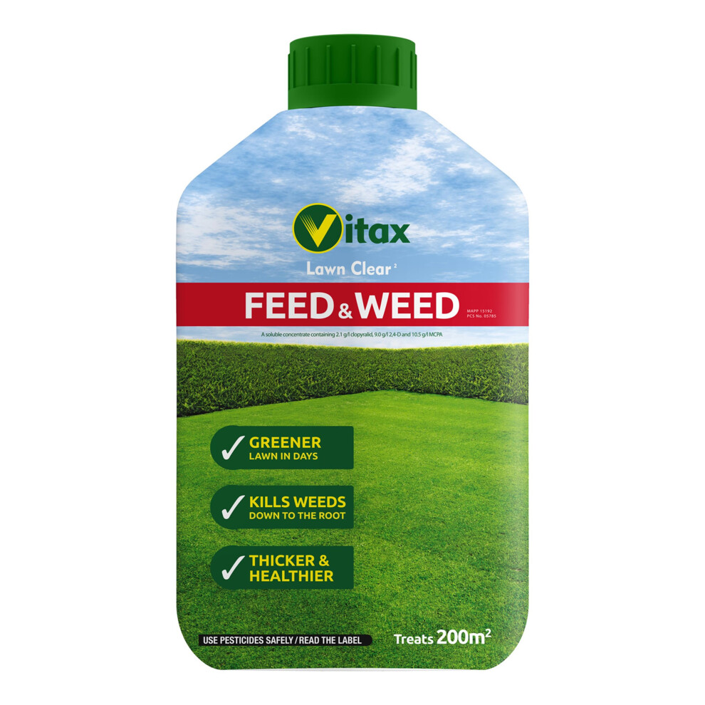 Vitax Feed Weed Dual Purpose Lawn Feed And Weed Killer Concentrated Easy To Use Kills Clover Buttercup Dandelion And Daisy Promotes A And Heal Green