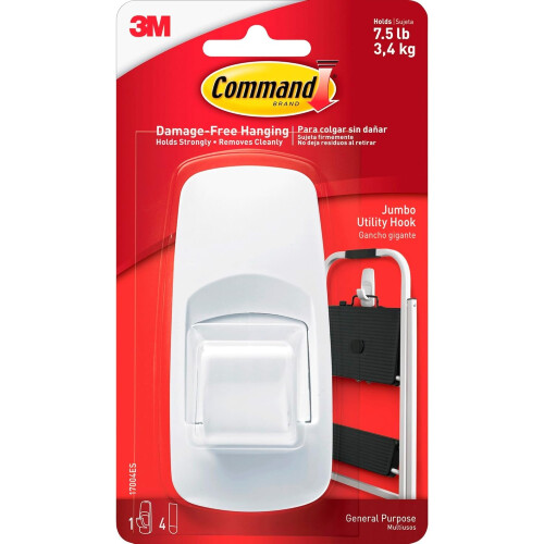 3M Command Jumbo Utility Hook, Pack of 1 Hook and 4 Adhesive Strips, White ,