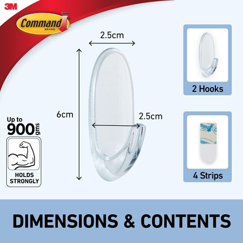 3M Command Medium Hook, Pack of 2 Hooks and 4 Adhesive Strips, Transparent , 2