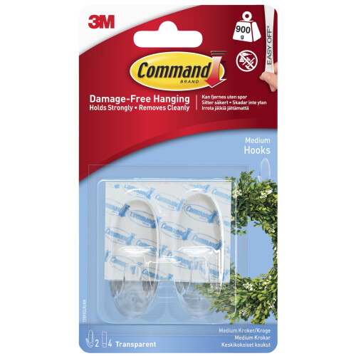 3M Command Medium Hook, Pack of 2 Hooks and 4 Adhesive Strips, Transparent ,
